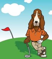 A cartoon of a dog holding a golf club

Description automatically generated